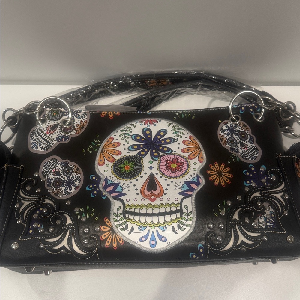 Black Floral Sugar Skull Shoulder Bag